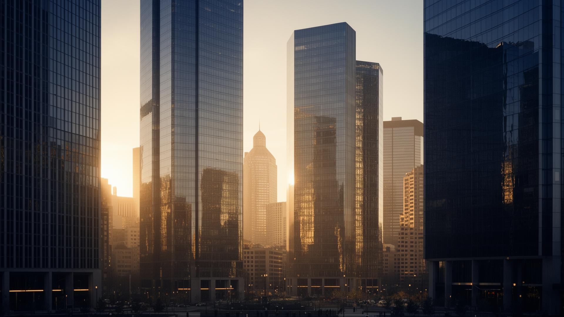 Global financial district at golden hour